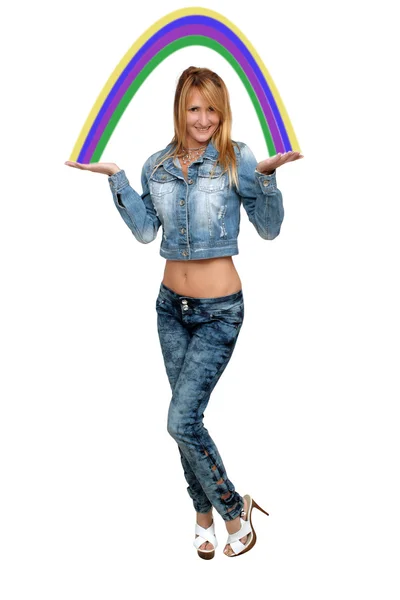 Beautiful Blonde Holds a Rainbow — Stock Photo, Image