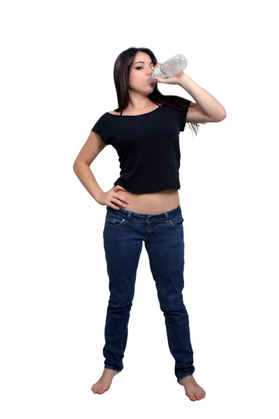 Pretty Brunette Drinks Water — Stock Photo, Image