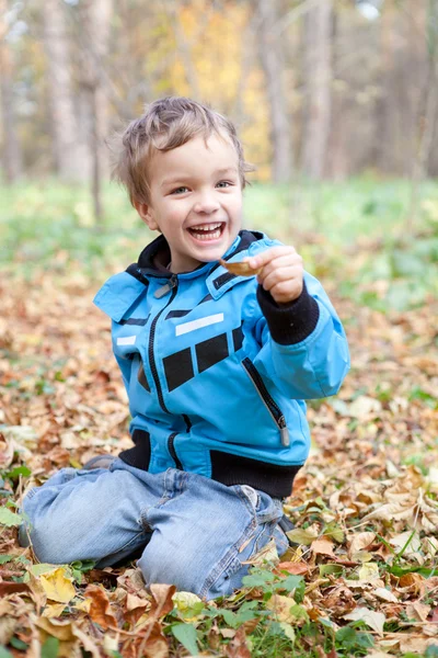 Смеющийся мальчик сидит на опавших листьях, осенний парк — стоковое фото