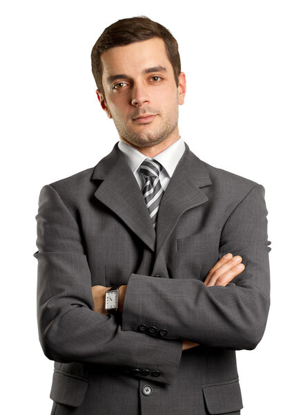 Man businessman in suit, looking on camera, with folded hands