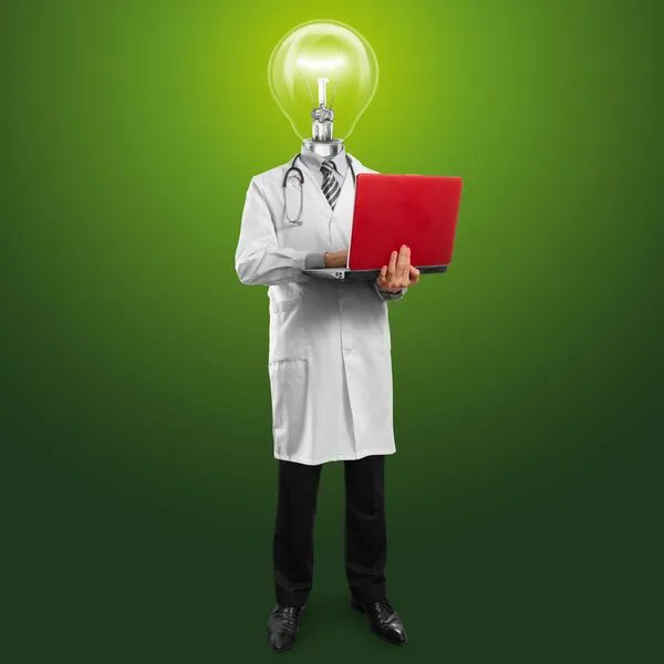 Lamp Head Doctor Man with Laptop — стоковое фото