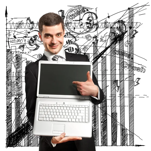 Zakenman met opengeklapte laptop in zijn handen — Stockfoto