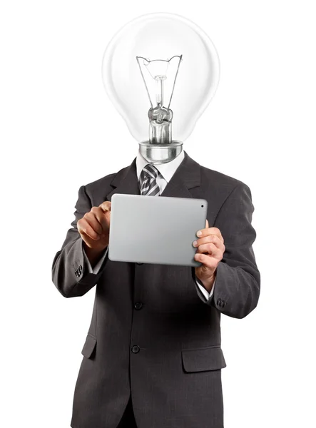 Lampa huvud affärsman med pekplatta — Stockfoto