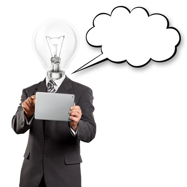 Lamp hoofd zakenman met touchpad — Stockfoto