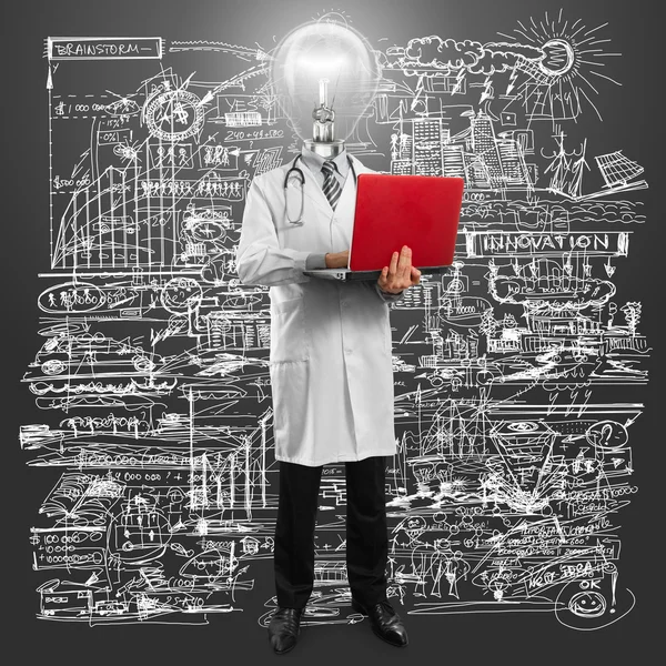 Lampa huvud läkare man med laptop — Stockfoto