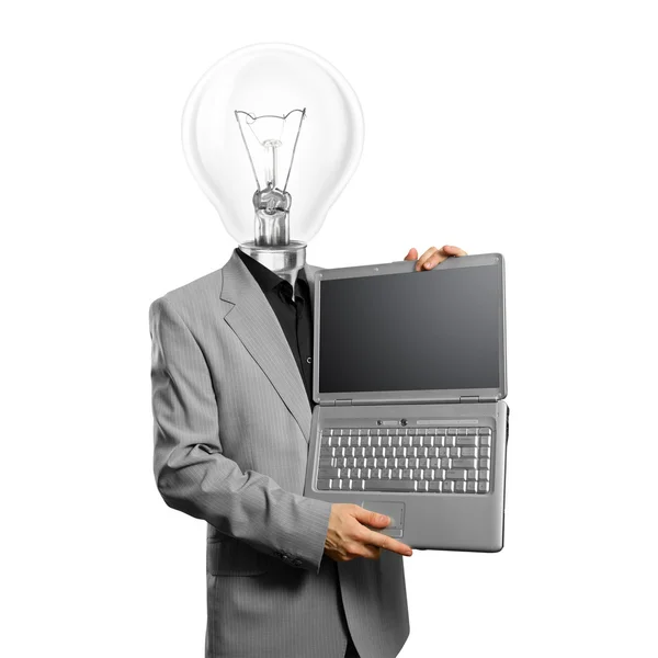 Lamp Head Businessman with Laptop — Stock Photo, Image