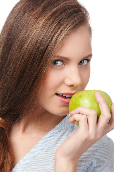 녹색 사과 함께 젊은 아름다움 여자 — 스톡 사진