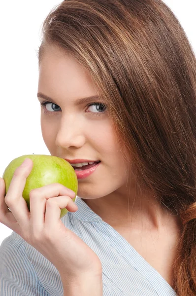 Mladá kráska žena s zelené jablko — Stock fotografie