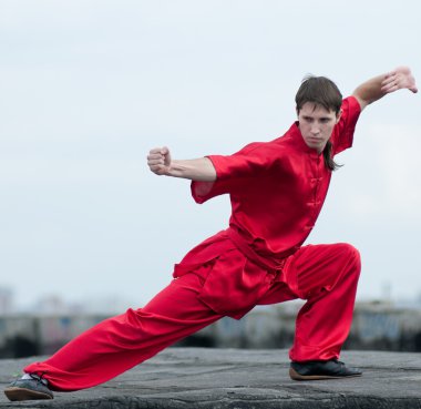 Wushoo man in red practice martial art clipart