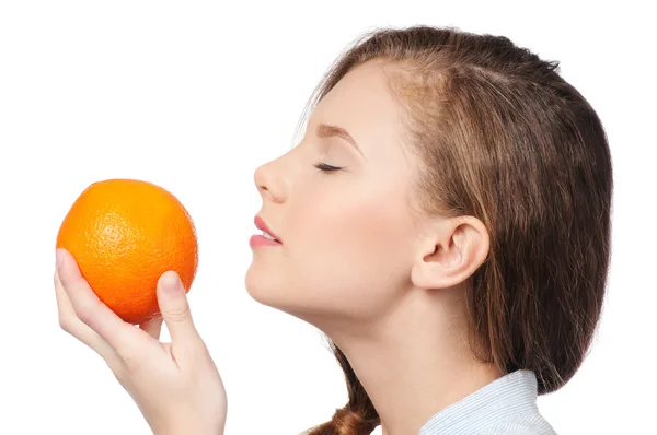 Woman with orange isolated white — Stock Photo, Image