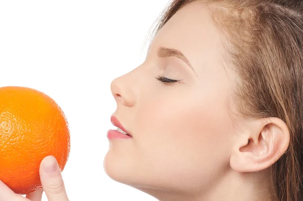 Γυναίκα με το πορτοκαλί απομονωμένες λευκό — Φωτογραφία Αρχείου