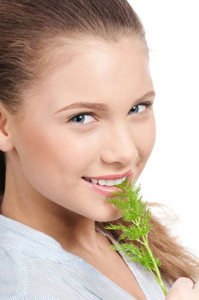 Young beauty woman with green dill — Stock Photo, Image