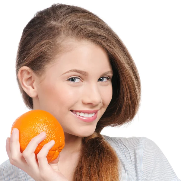 Donna con arancio isolato bianco — Foto Stock