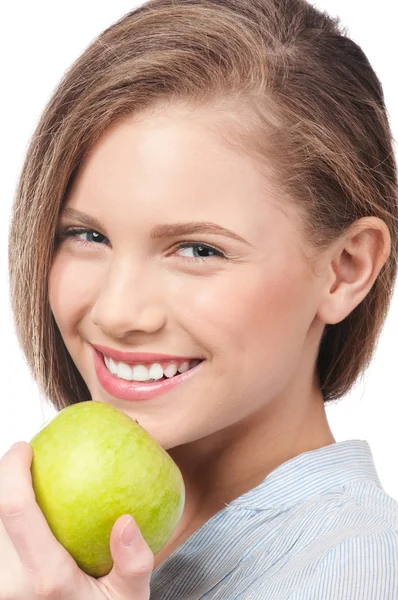 Γυναίκα νέων ομορφιά με πράσινο μήλο — Φωτογραφία Αρχείου