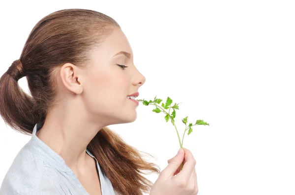 Young beauty woman with green parsley — Stock Photo, Image