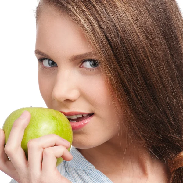 Γυναίκα νέων ομορφιά με πράσινο μήλο — Φωτογραφία Αρχείου