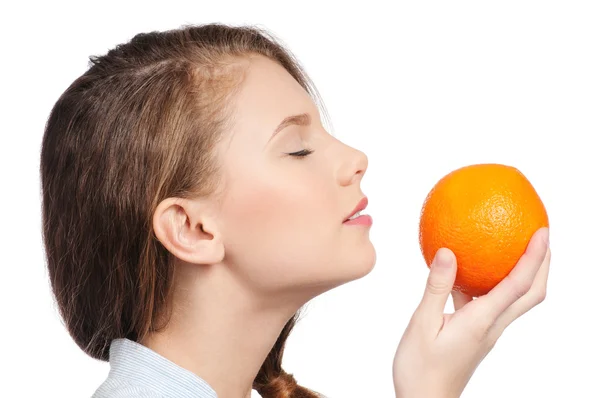 Woman with orange isolated white — Stock Photo, Image