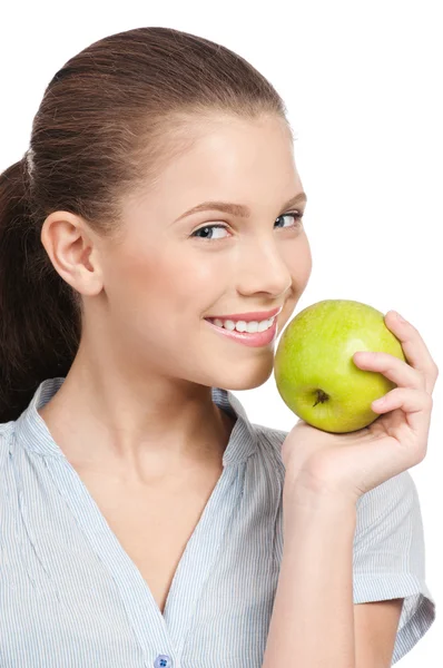 Yeşil elma ile genç güzellik kadın — Stok fotoğraf