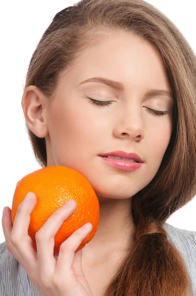 오렌지 고립 된 백색을 가진 여자 — 스톡 사진
