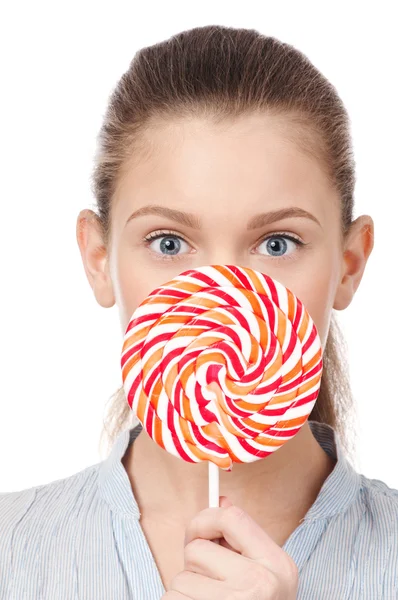 Pretty young woman with lollipop. Isolated — Stock Photo, Image