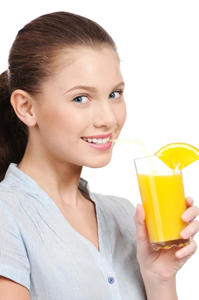 Mujer joven con vaso de jugo de naranja aislado —  Fotos de Stock