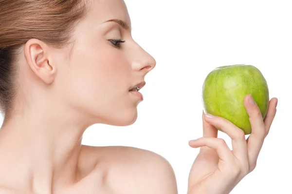 Woman eat green apple — Stock Photo, Image