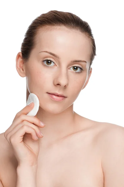 Young beautiful woman with clean sponge — Stock Photo, Image