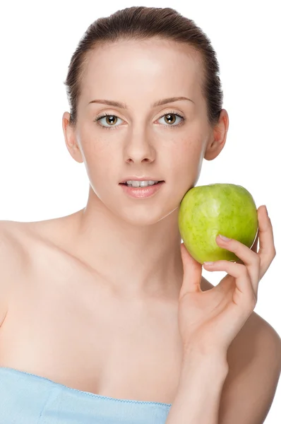 Femme manger pomme verte — Photo