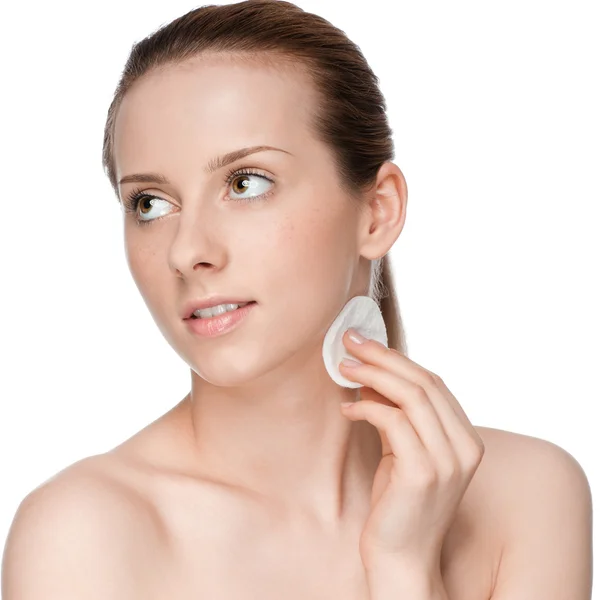 Young beautiful woman with clean sponge — Stock Photo, Image