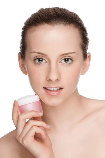 Beautiful woman tender jar of cream — Stock Photo, Image