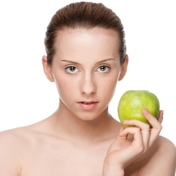 Γυναίκα φάνε πράσινο μήλο — Φωτογραφία Αρχείου