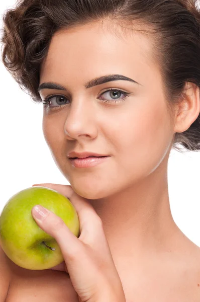 Closeup portrait of beauty woman with green apple — Stock Photo, Image
