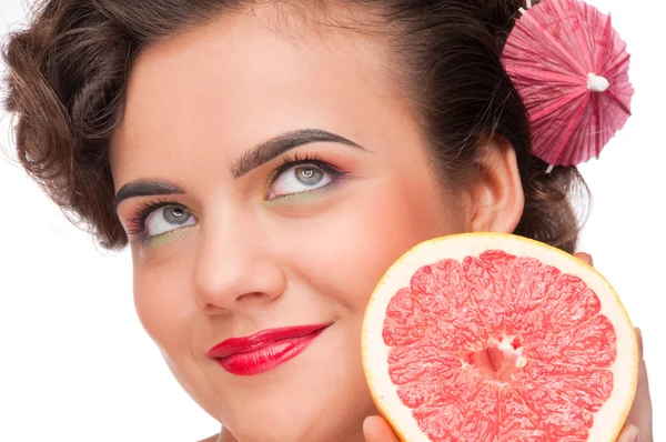 Zblízka portrét Krása ženy s grapefruit — Stock fotografie