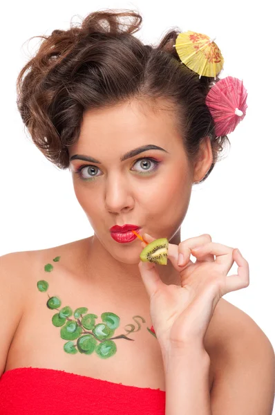 Close up portrait of young emotional woman with kiwi canape — Stock Photo, Image