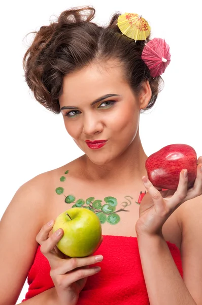 Close up portrait of young emotional woman with apple — Stock Photo, Image