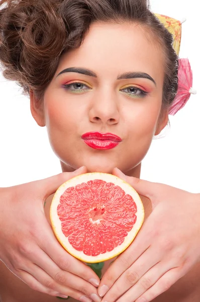 Zblízka portrét Krása ženy s grapefruit — Stock fotografie