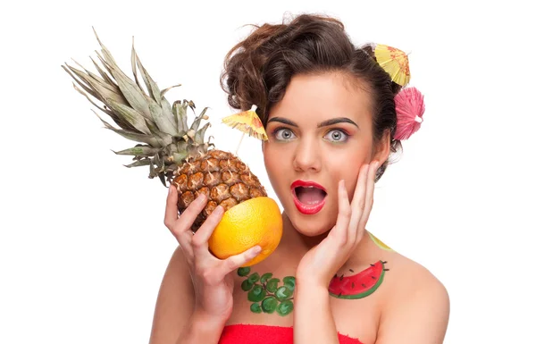 Close up portrait of young emotional woman with pineapple and gr — Stock Photo, Image