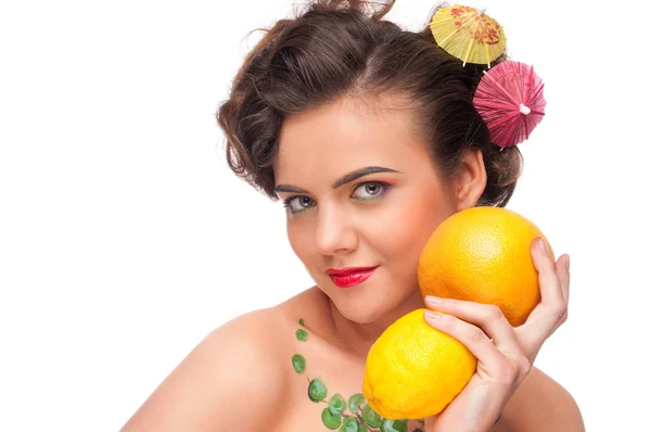 Zblízka portrét Krása ženy s citron a grapefruit — Stock fotografie