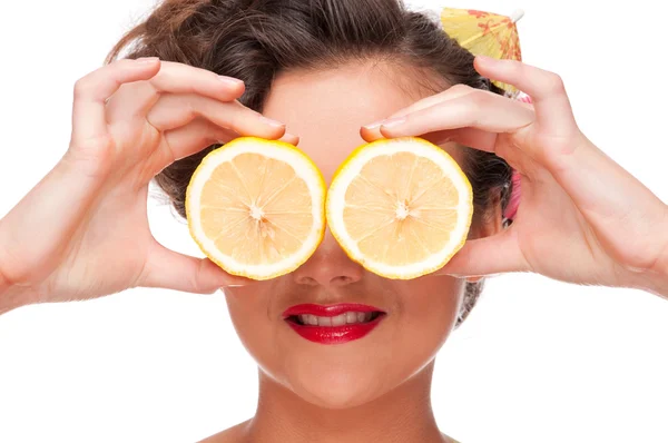 Close up portrait of beauty woman with lemon eyes — Stock Photo, Image
