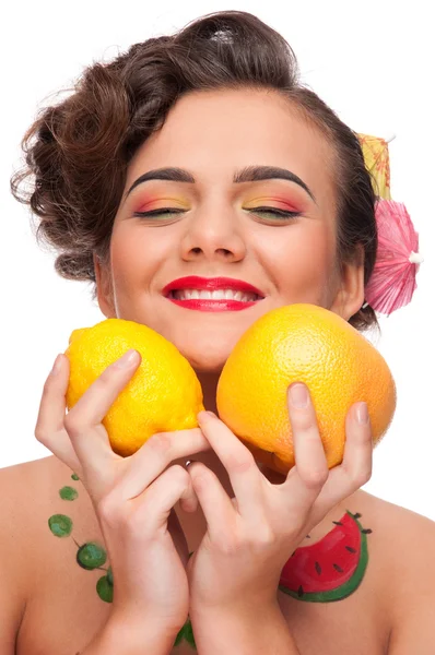Close up portrait of beauty woman with lemon and grapefruit — Stock Photo, Image