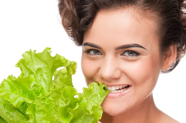 Primo piano ritratto di bellezza emotiva donna con lattuga verde — Foto Stock