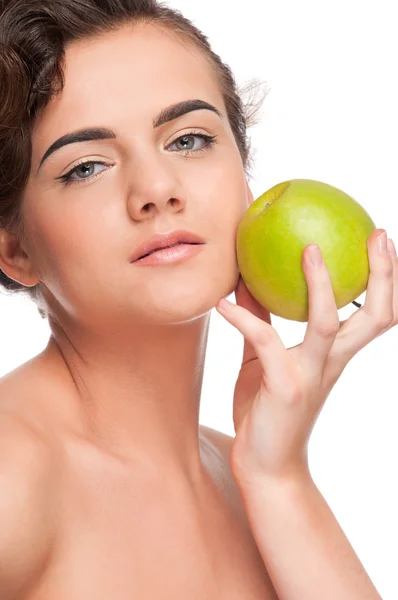 Closeup portrait of beauty woman with green apple — Stock Photo, Image