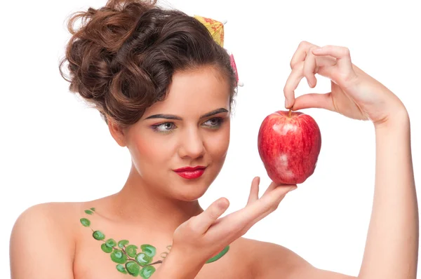 Close up portrait of young emotional woman with apple — Stock Photo, Image