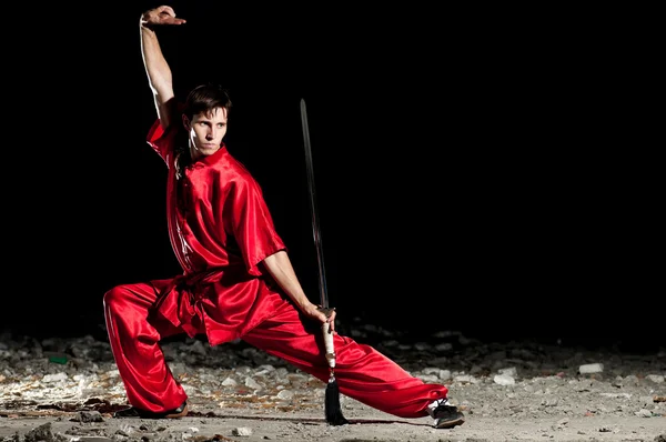 stock image Wushoo man in red practice martial art