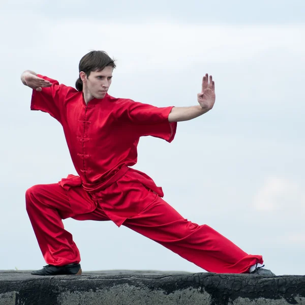 stock image Wushoo man in red practice martial art