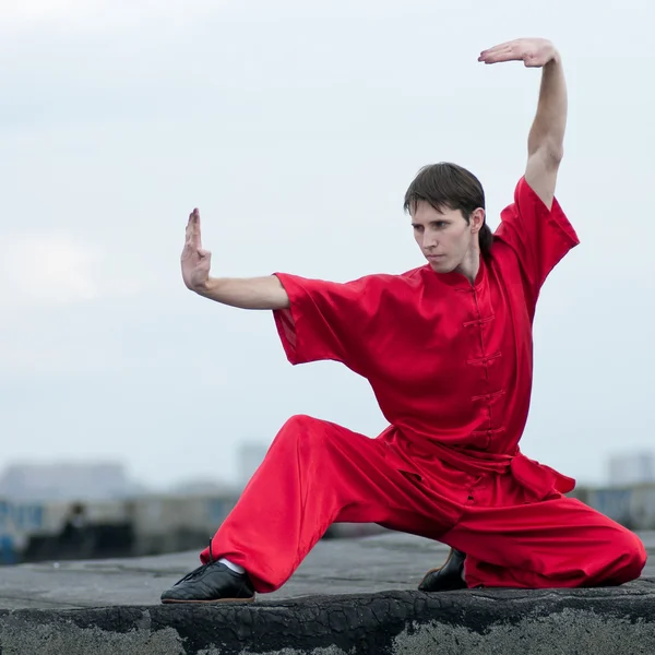 stock image Wushoo man in red practice martial art