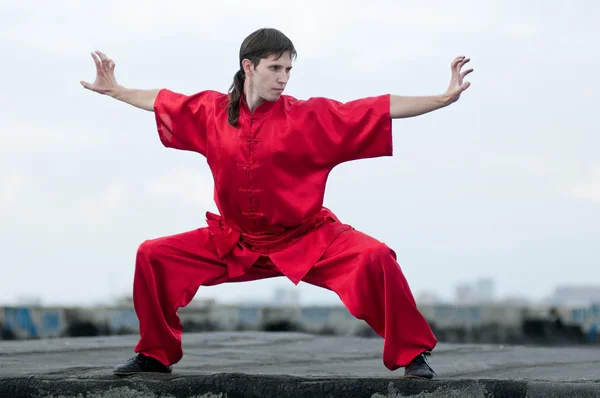 Wushoo hombre en la práctica roja de arte marcial —  Fotos de Stock