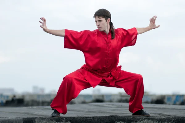 लाल अभ्यास में वुशू आदमी मार्शल आर्ट — स्टॉक फ़ोटो, इमेज