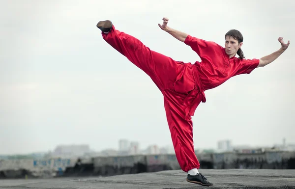 Wushoo mannen i röd praxis kampsport — Stockfoto