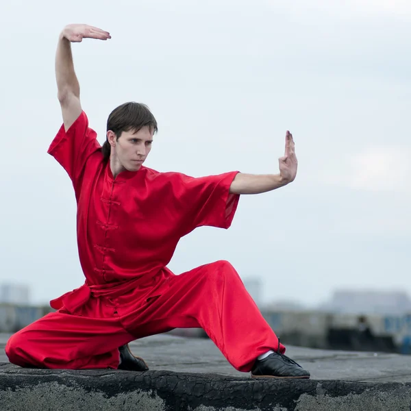 Wushoo mannen i röd praxis kampsport — Stockfoto